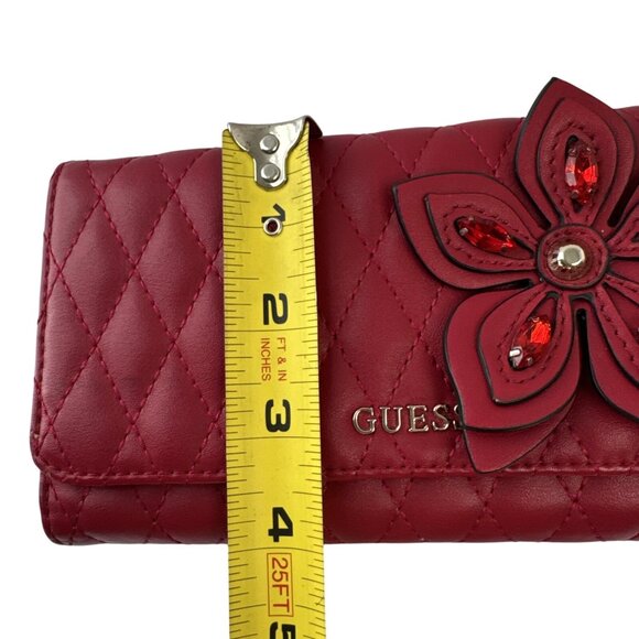 Guess Womens Red Quilted Wallet With Decorative Flower & Rhinestone Accents - Picture 15 of 15